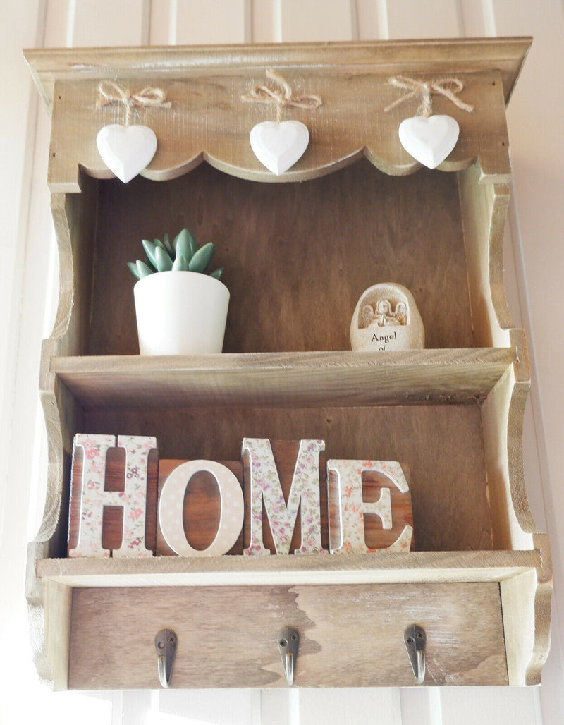 Chic Shabby Ashley Farmhouse Small Wall Display Unit Rustic Key Hooks Heart