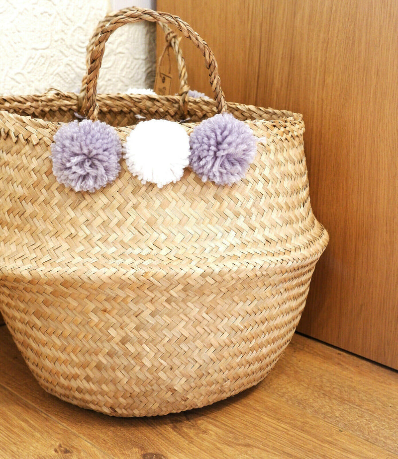 Sass & Belle Large Brown Seagrass Pom Pom Toy Storage Childrens Basket