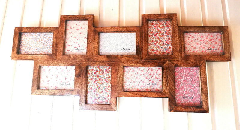 Multi Photo Frame 9 Apertures Wooden Rustic Wall Sustainable Mango Dark Wood