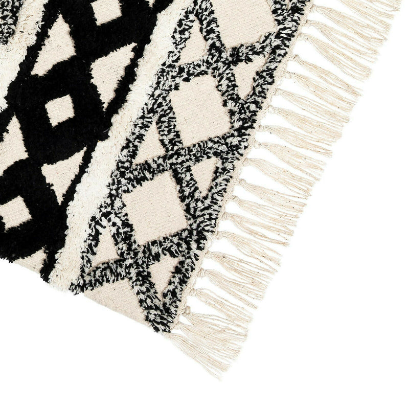 Sass & Belle Monochrome Scandi Boho Cotton Tassel Rug Geometric Design