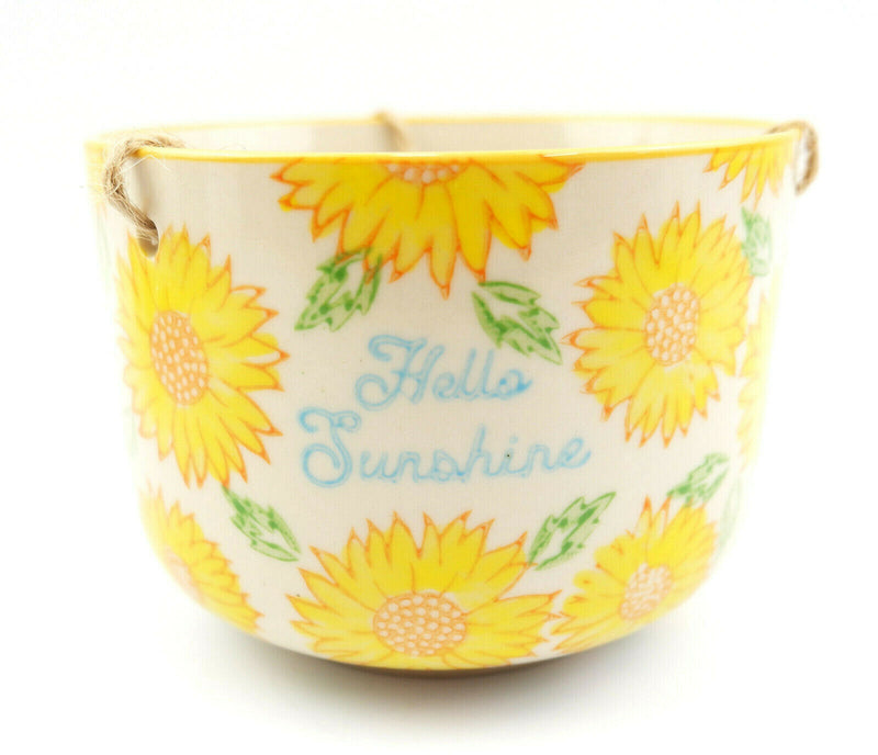 Sunflower Mum Hello Sunshine Hanging Planter Ceramic Pot Jute String 12x9cm