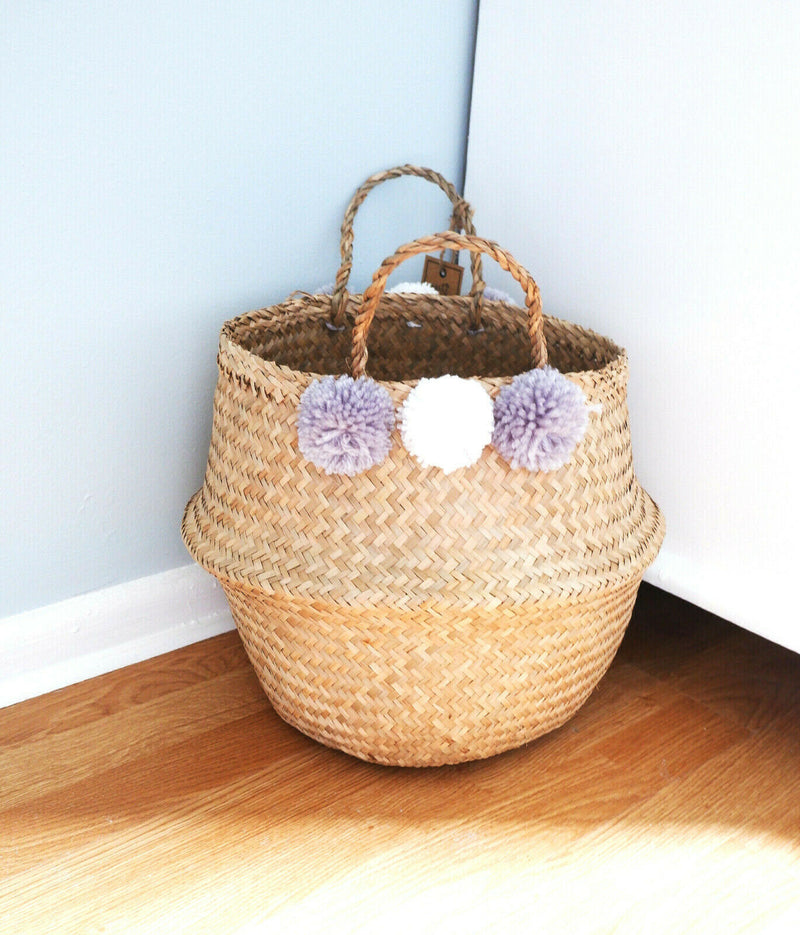 Sass & Belle Large Brown Seagrass Pom Pom Toy Storage Childrens Basket