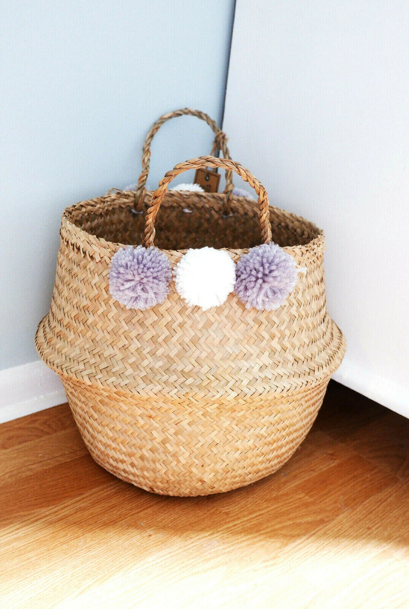 Sass & Belle Large Brown Seagrass Pom Pom Toy Storage Childrens Basket