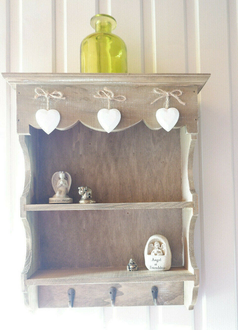 Chic Shabby Ashley Farmhouse Small Wall Display Unit Rustic Key Hooks Heart