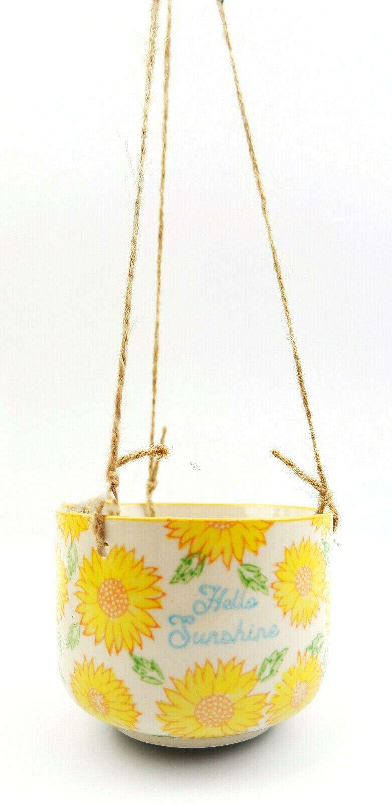 Sunflower Mum Hello Sunshine Hanging Planter Ceramic Pot Jute String 12x9cm