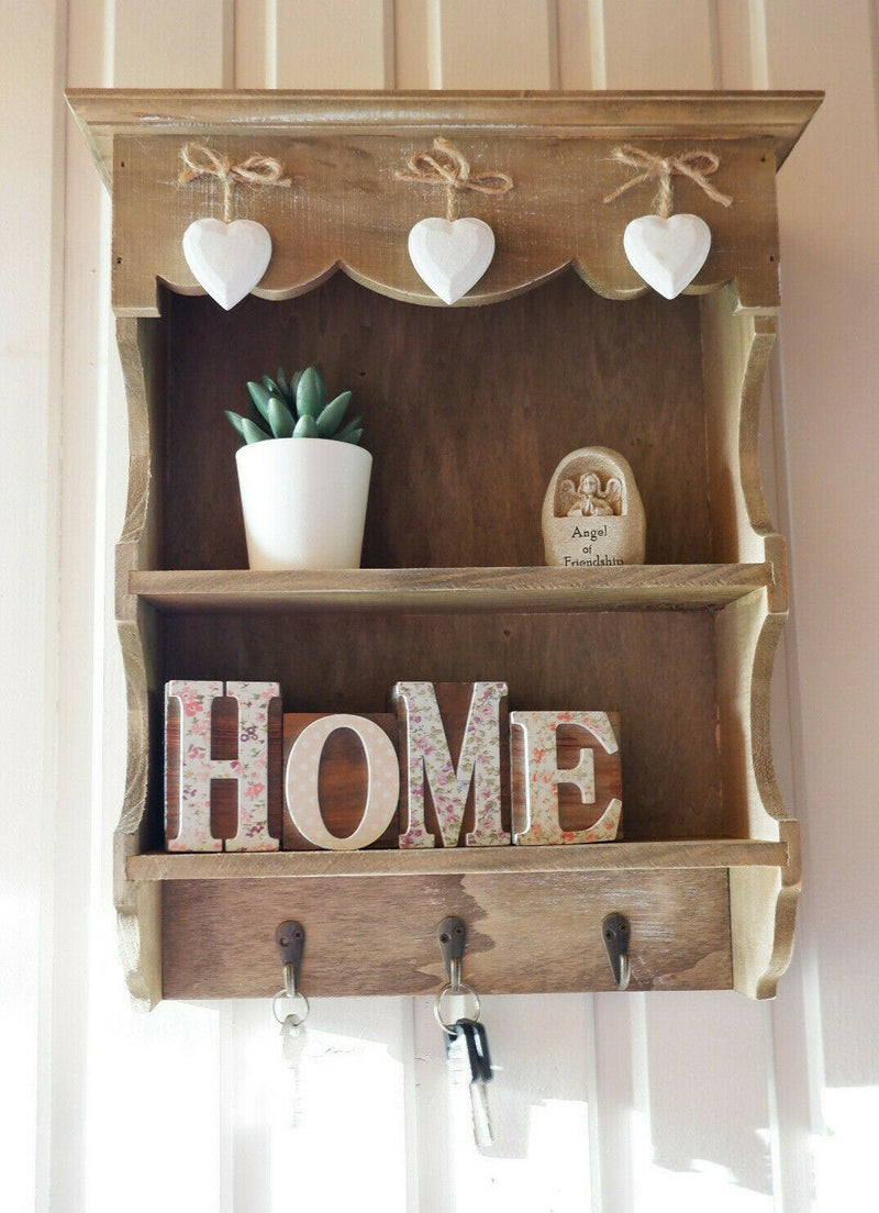 Chic Shabby Ashley Farmhouse Small Wall Display Unit Rustic Key Hooks Heart