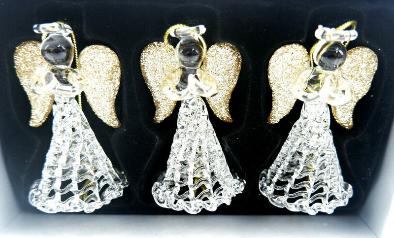 Set of Three Sparkly Glass Praying Angels Hanging Decorations Christmas