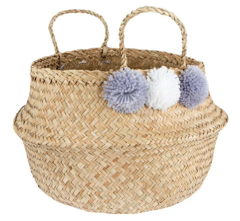 Sass & Belle Large Brown Seagrass Pom Pom Toy Storage Childrens Basket