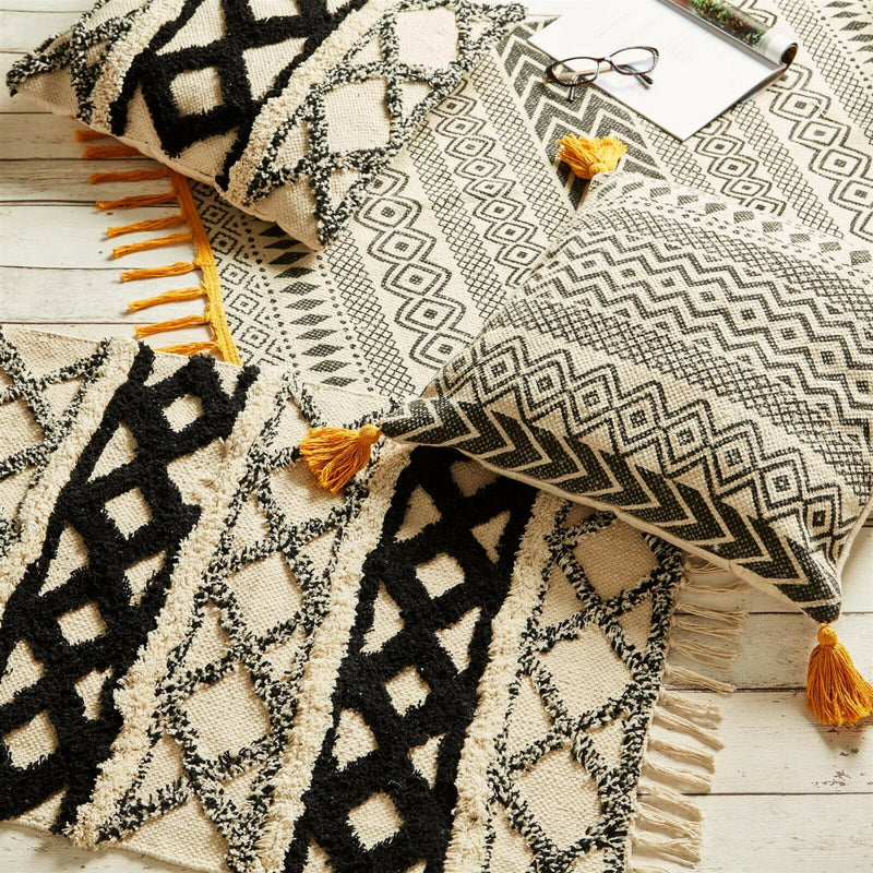 Sass & Belle Monochrome Scandi Boho Cotton Tassel Rug Geometric Design