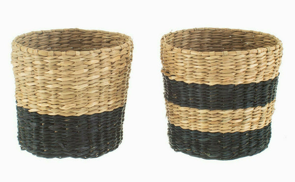 Sass & Belle Mini Black Seagrass Planters - Set of 2 Small Pots Plant Home Decor