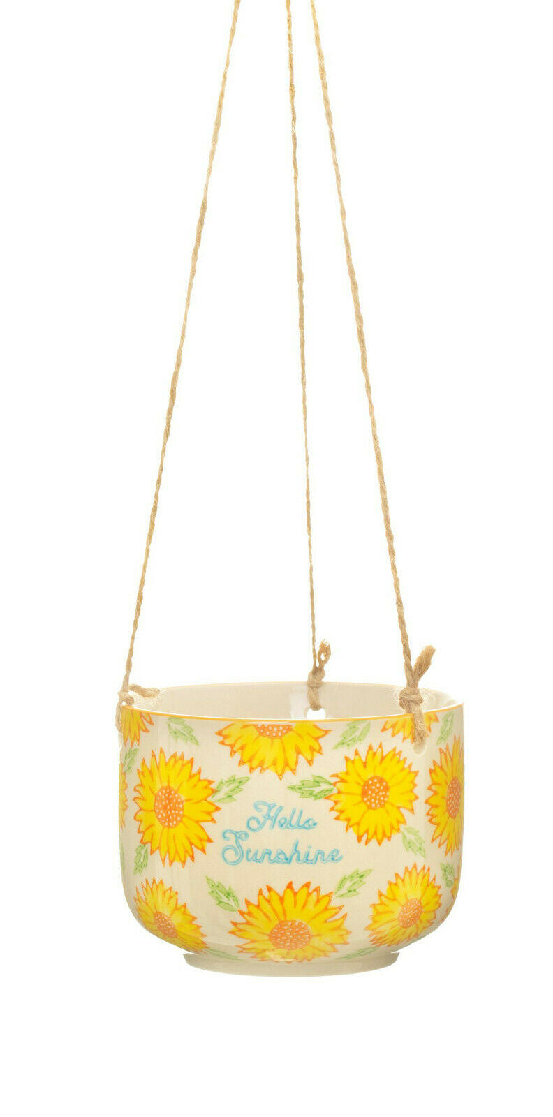 Sunflower Mum Hello Sunshine Hanging Planter Ceramic Pot Jute String 12x9cm