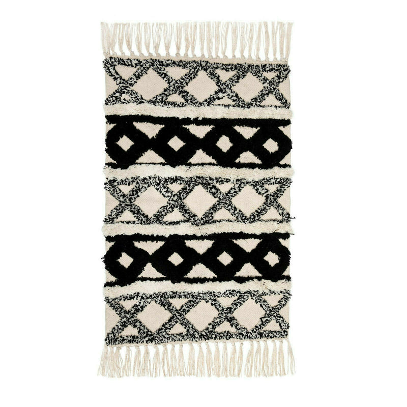 Sass & Belle Monochrome Scandi Boho Cotton Tassel Rug Geometric Design