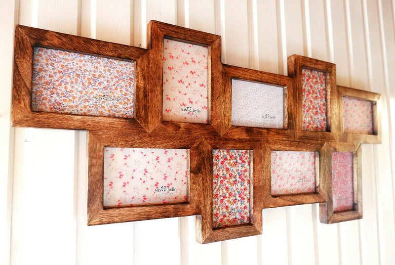 Multi Photo Frame 9 Apertures Wooden Rustic Wall Sustainable Mango Dark Wood