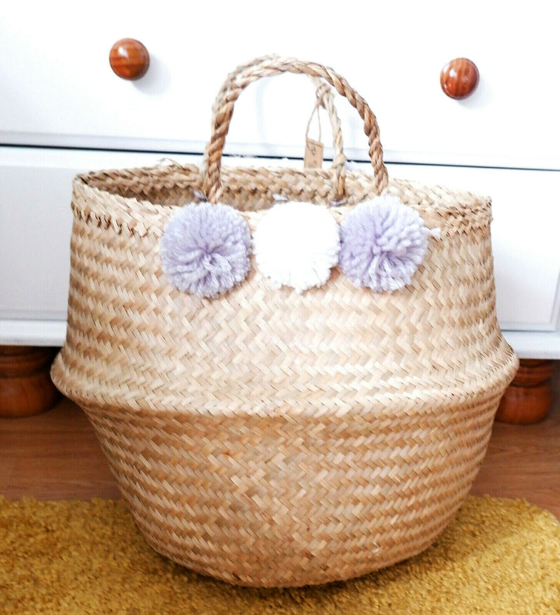 Sass & Belle Large Brown Seagrass Pom Pom Toy Storage Childrens Basket