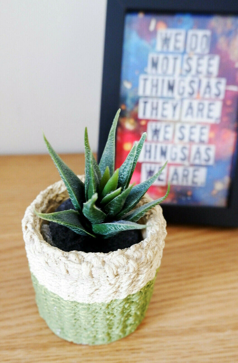 Mini Green Stripe Woven Dip Cement ceramic Basket Planter Decorative Pot Plant