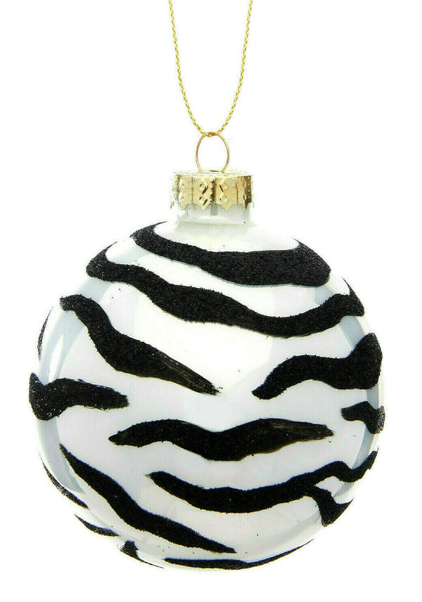 Set of four Glitter Zebra Print Safari Glass Christmas Bauble Decoration 8cm B&W