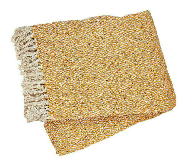 Scandi Boho Blanket Throw, Mustard Yellow Living Room Bedroom Herringbone Tassel