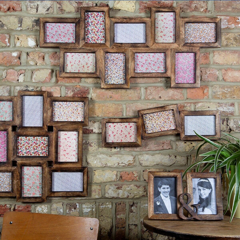 Multi Photo Frame 9 Apertures Wooden Rustic Wall Sustainable Mango Dark Wood